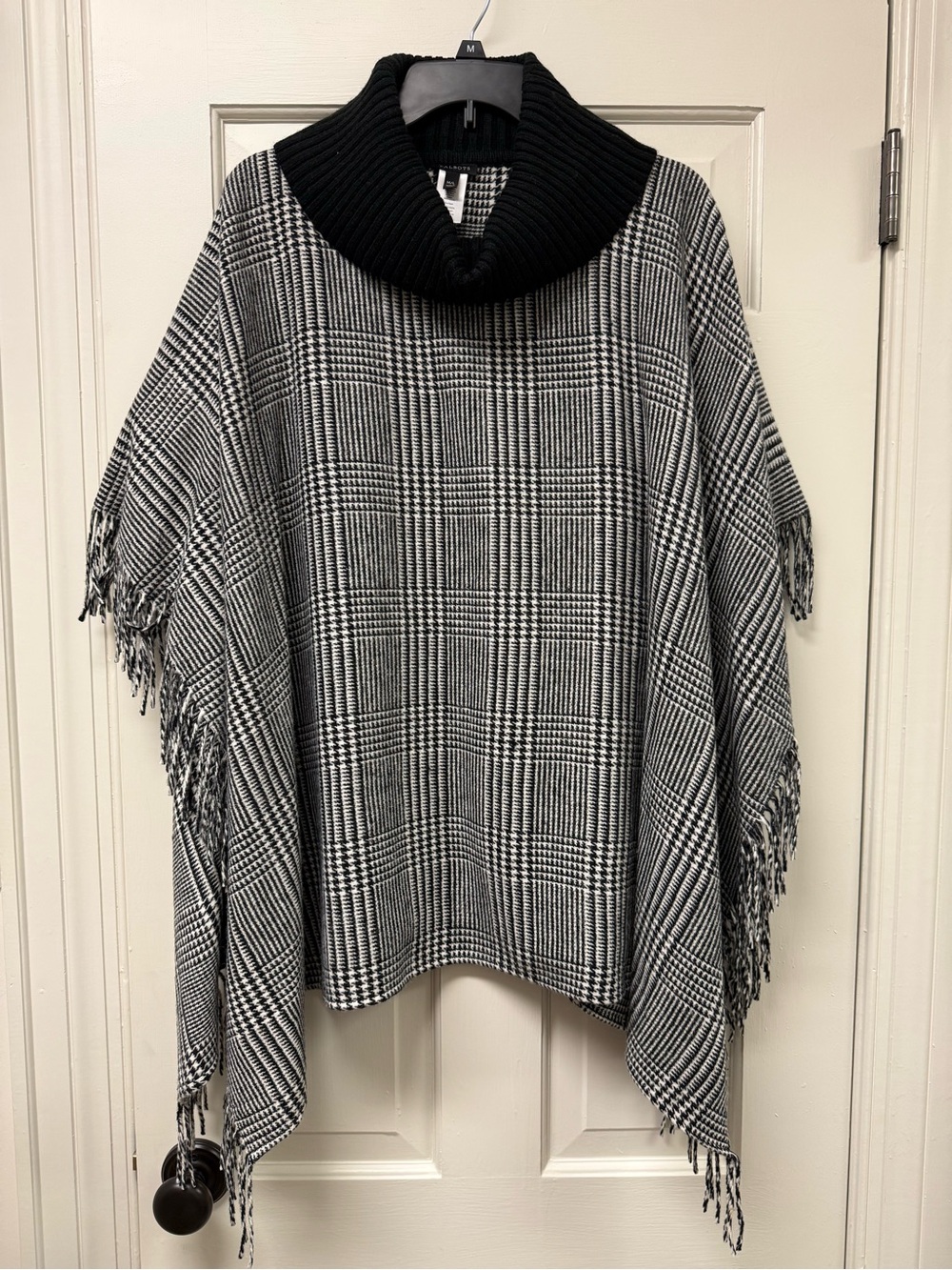 Talbots Black and White Plaid Fringe Cowl Neck Poncho